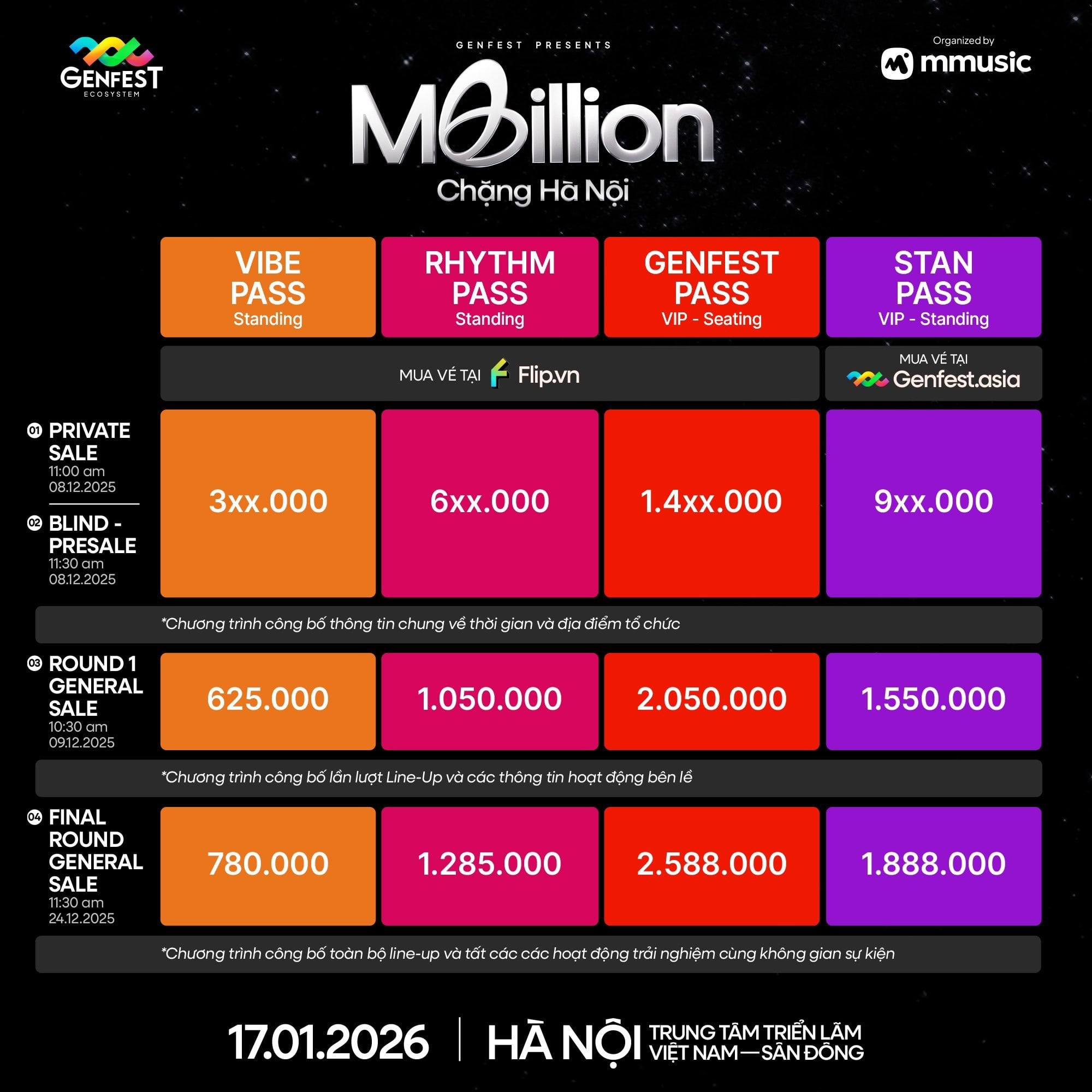 Poster thông báo GENfest Presents MBILLION Hà Nội 17.01.2026 – thông tin vé và hướng dẫn mua vé