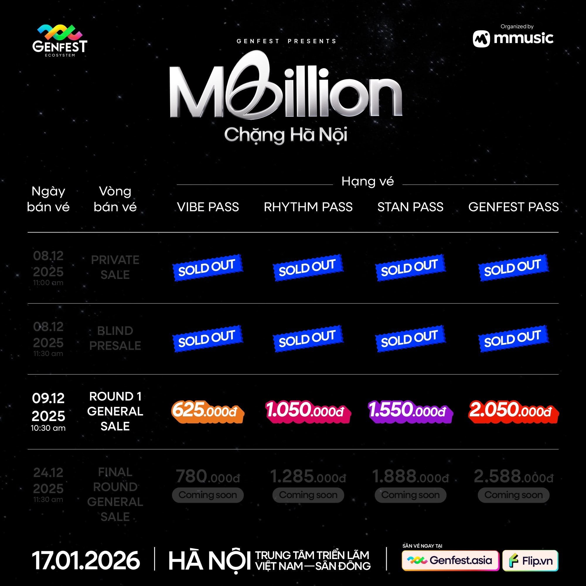Poster thông báo GENfest Presents MBILLION Hà Nội 17.01.2026 – thông tin vé và hướng dẫn mua vé