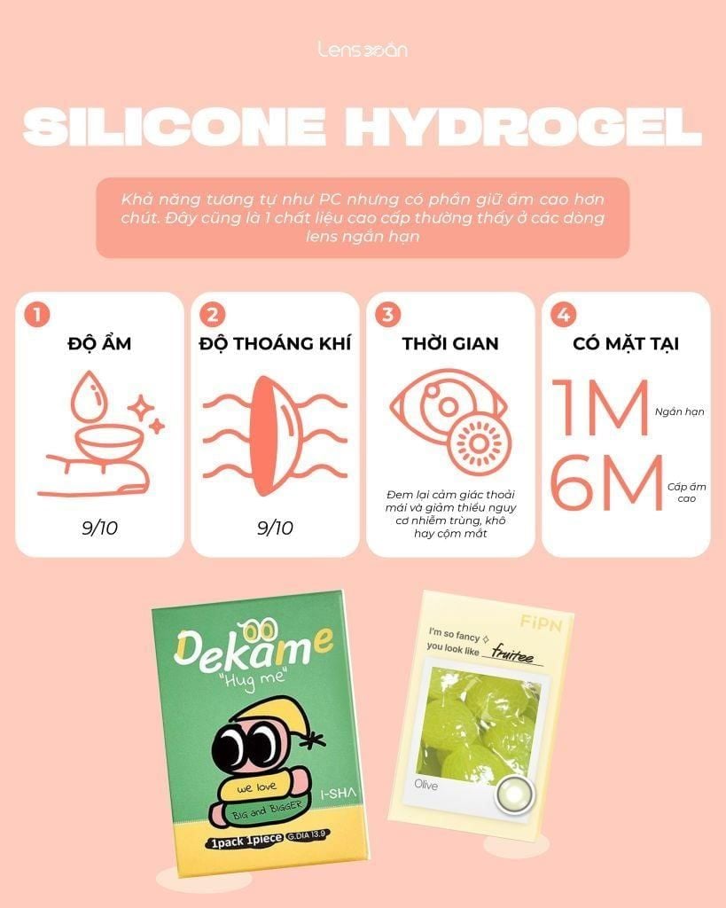 Bảng so sánh 5 chất liệu kính áp tròng phổ biến Polyhema, Hydrogel, MPC, Silicone Hydrogel, Puscon