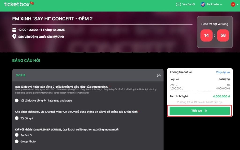 Thanh toán vé concert Em Xinh Say Hi