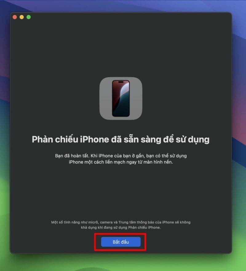 Chọn bắt đầu để điều khiển iPhone qua Mac từ xa