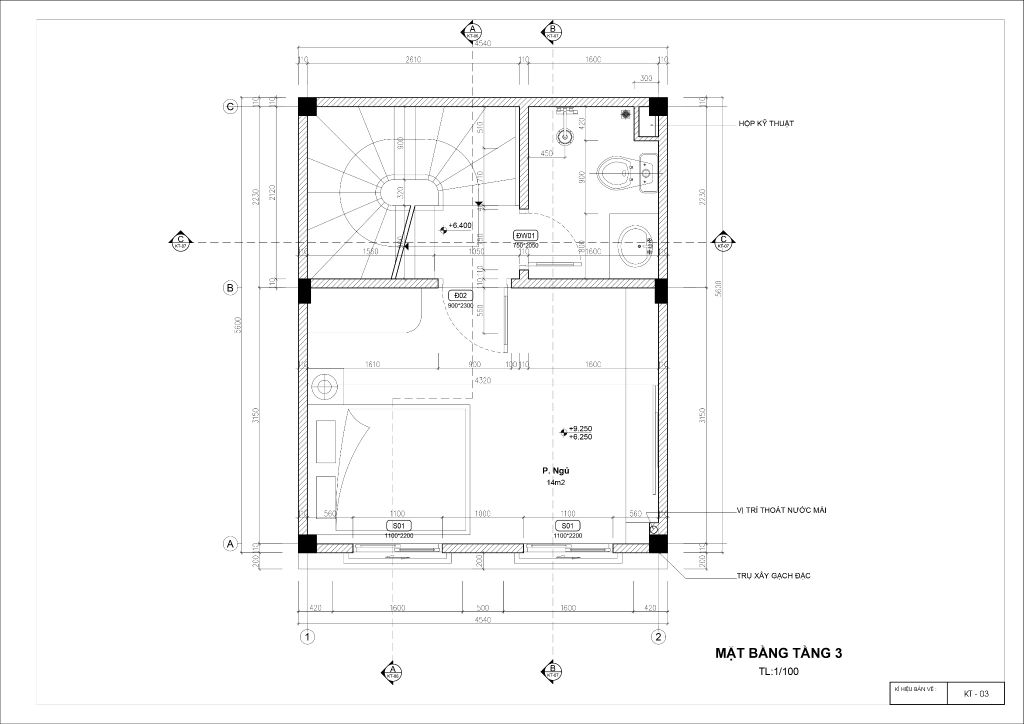 Mặt bằng tầng 3 thiết kế nhà phố diện tích 25m2