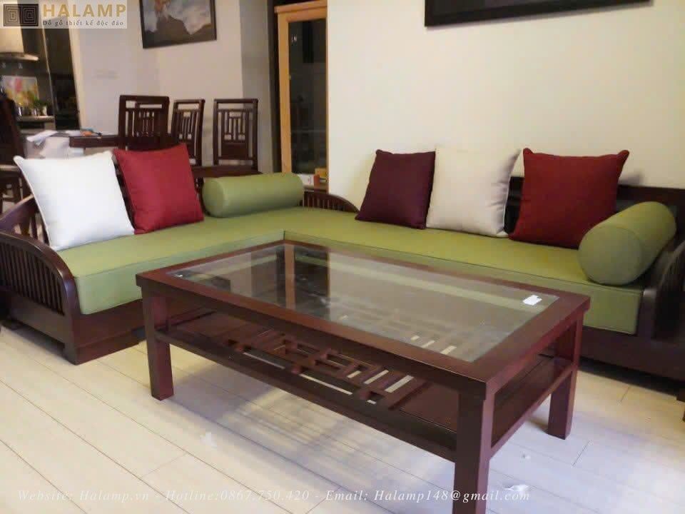 sofa góc thiết kế theo phong cách grand bois đệm màu xanh lá