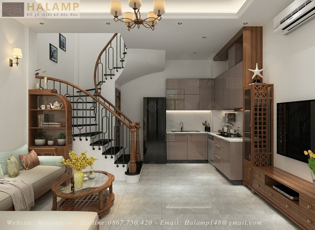 Thiết kế phòng khách bếp tầng 1 nhà phố phong cách Việt