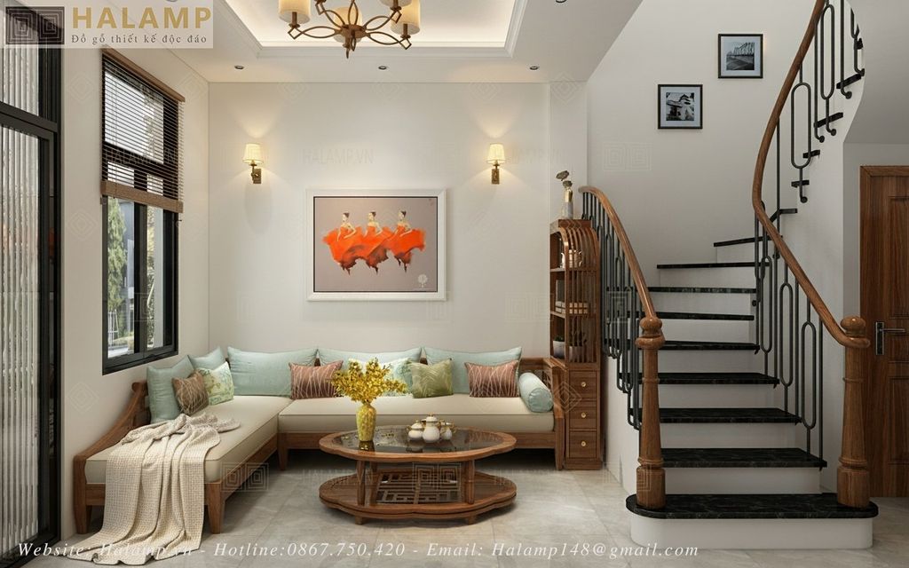 Thiết kế phòng khách bếp tầng 1 nhà phố phong cách Việt