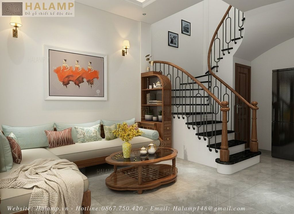 Thiết kế phòng khách bếp tầng 1 nhà phố phong cách Việt