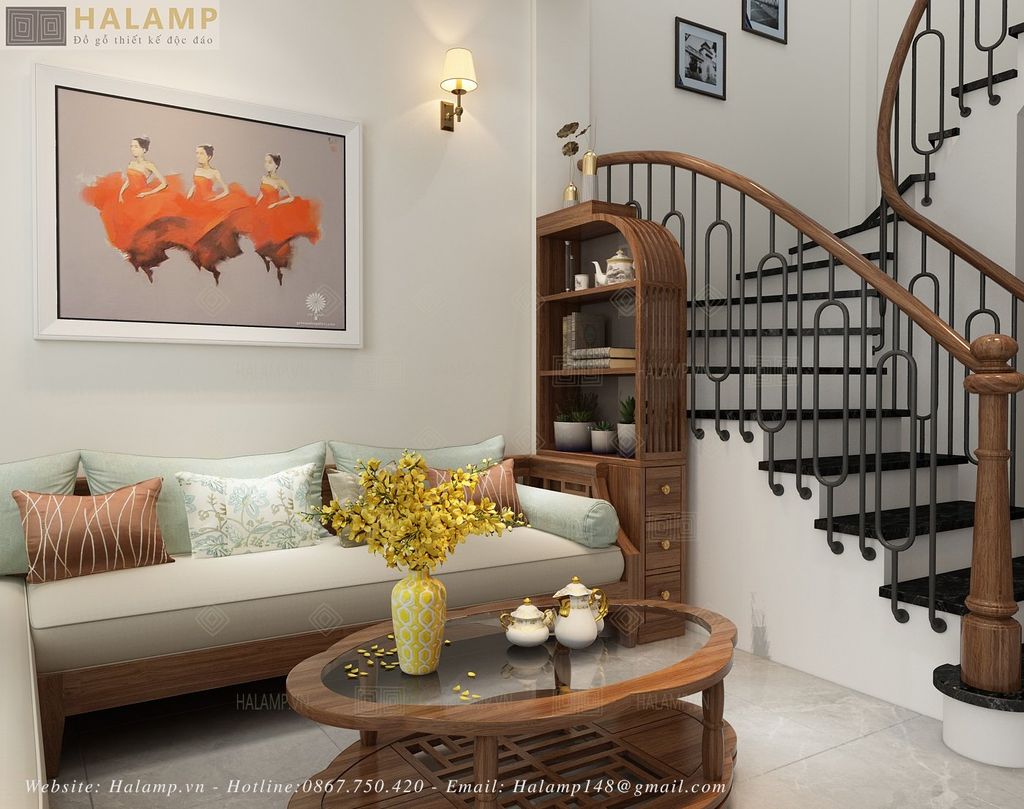 Thiết kế phòng khách bếp tầng 1 nhà phố phong cách Việt