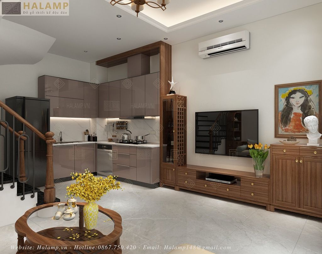 Thiết kế khu kệ ti vi phòng khách nhà phố phong cách Việt