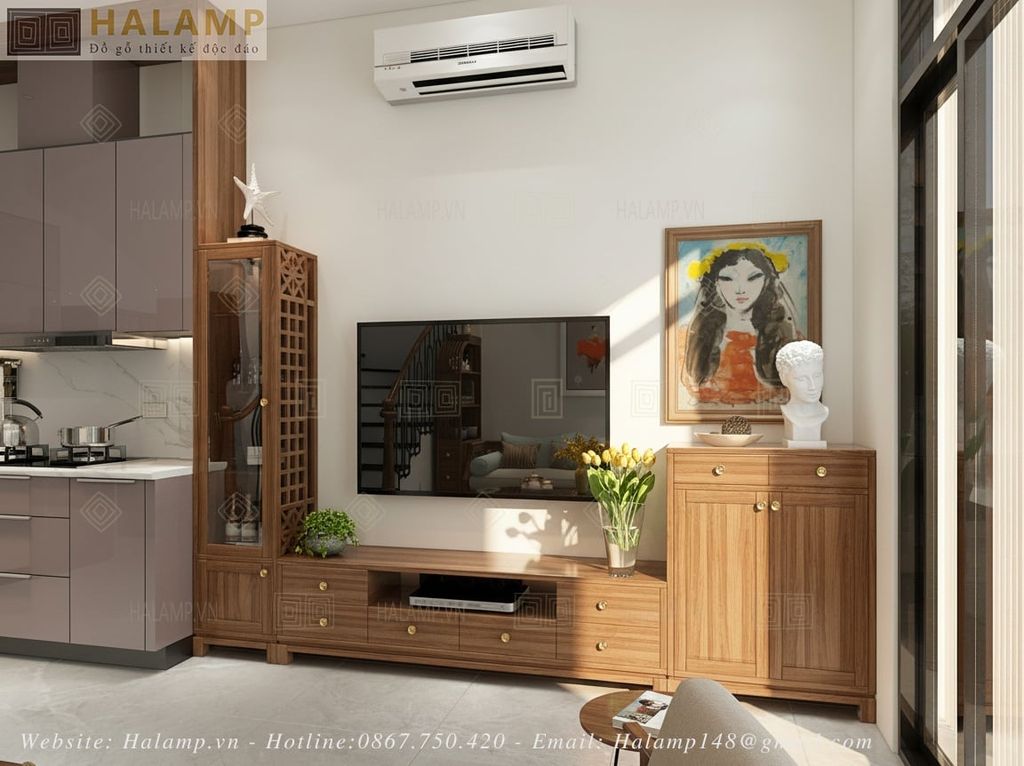 Thiết kế khu kệ ti vi phòng khách nhà phố phong cách Việt