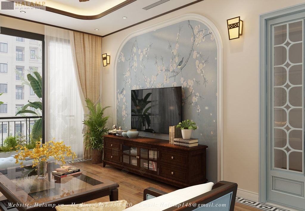 Thiết kế phòng khách chung cư phong cách indochine