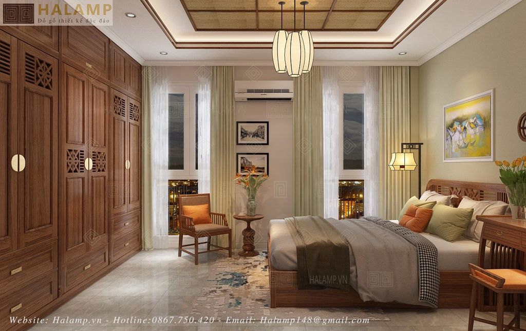 Thiết kế nội thất tầng 3 phòng vợ chồng phong cách Việt