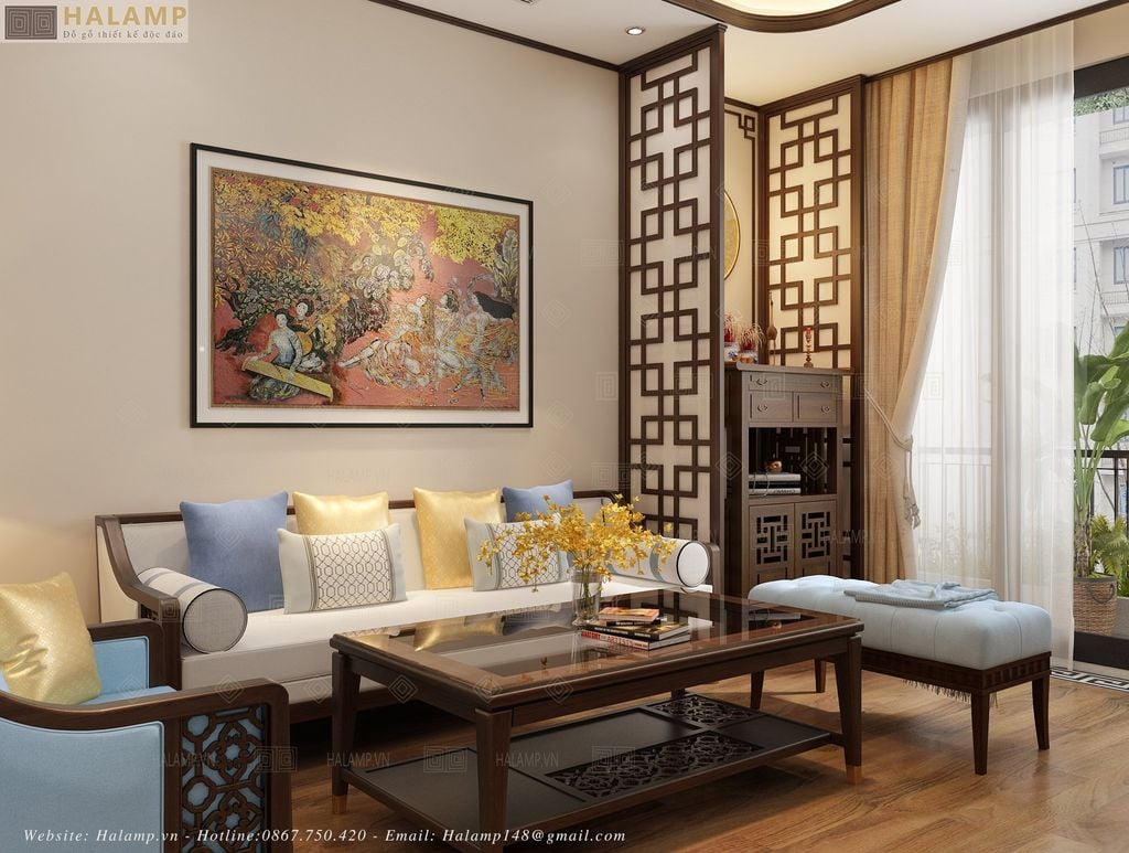 Thiết kế phòng khách chung cư phong cách indochine