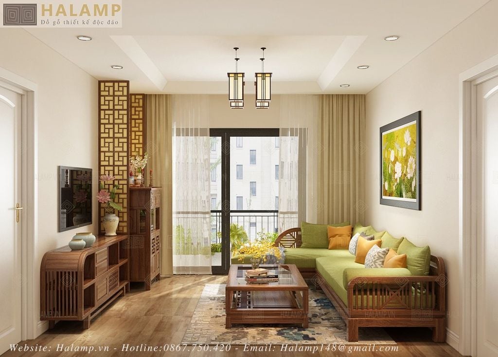 Thiết kế phòng khách chung cư Goldmark city đặt bàn thờ phòng khách