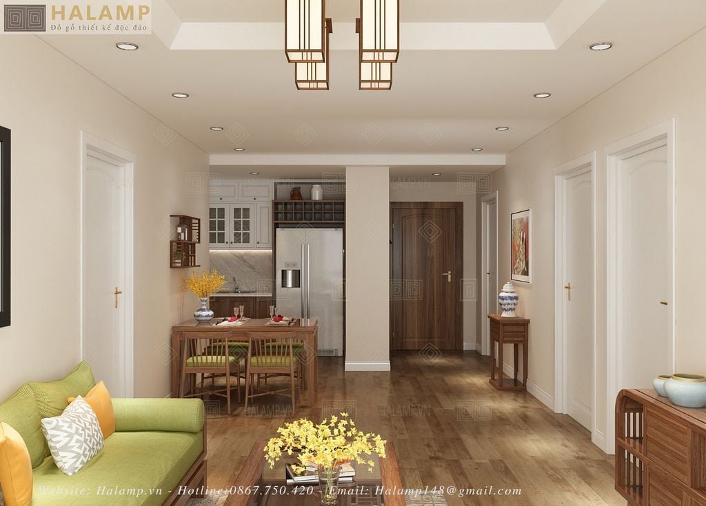 Thiết kế phòng khách chung cư Goldmark city đặt bàn thờ phòng khách