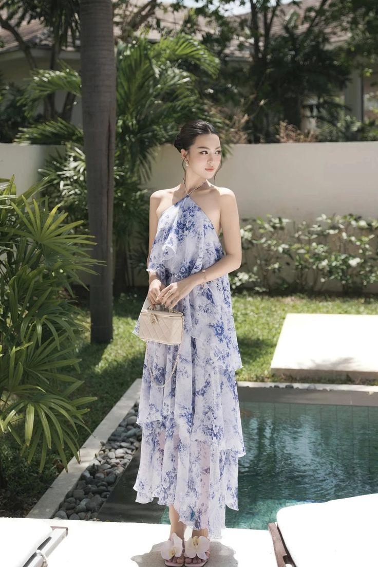 mẫu đầm maxi voan đi biển