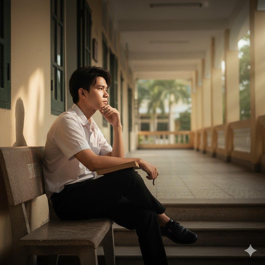 Tư thế ngồi suy tư trên ghế đá, bậc thềm