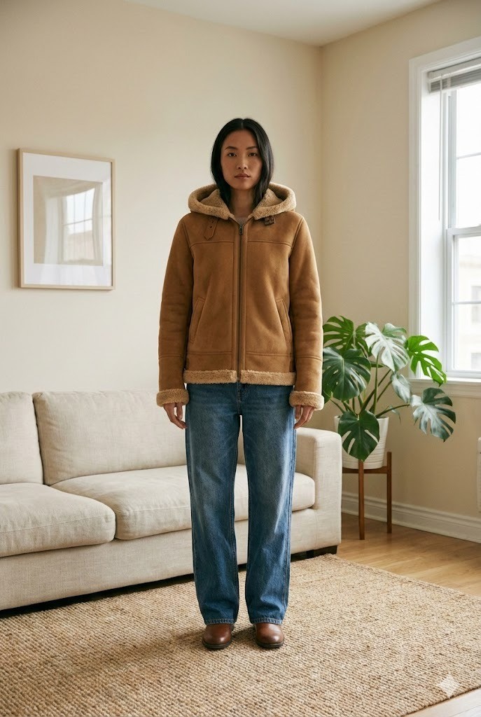 Áo khoác da lộn có mũ và lót lông