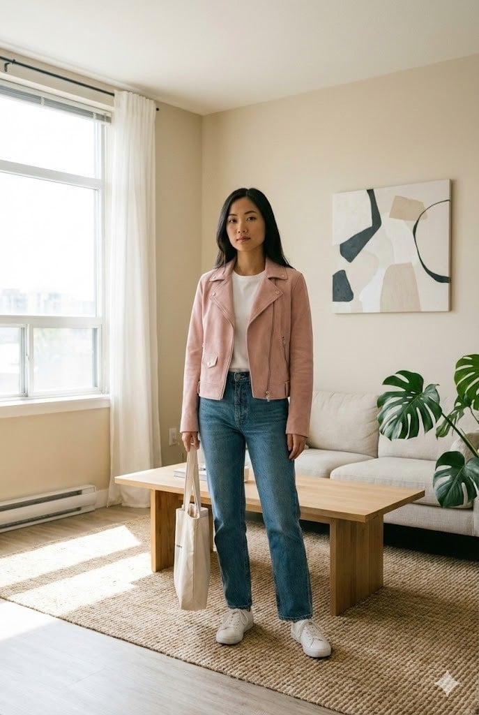 Áo khoác da lộn màu hồng và các tone pastel