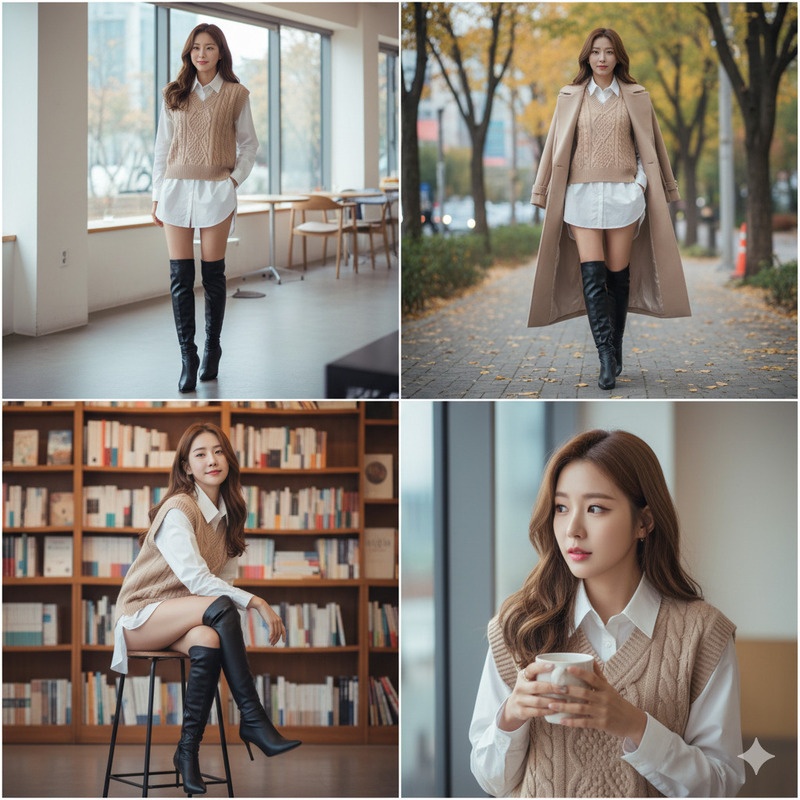 Boot đen cao cổ và áo sơ mi, áo len gile