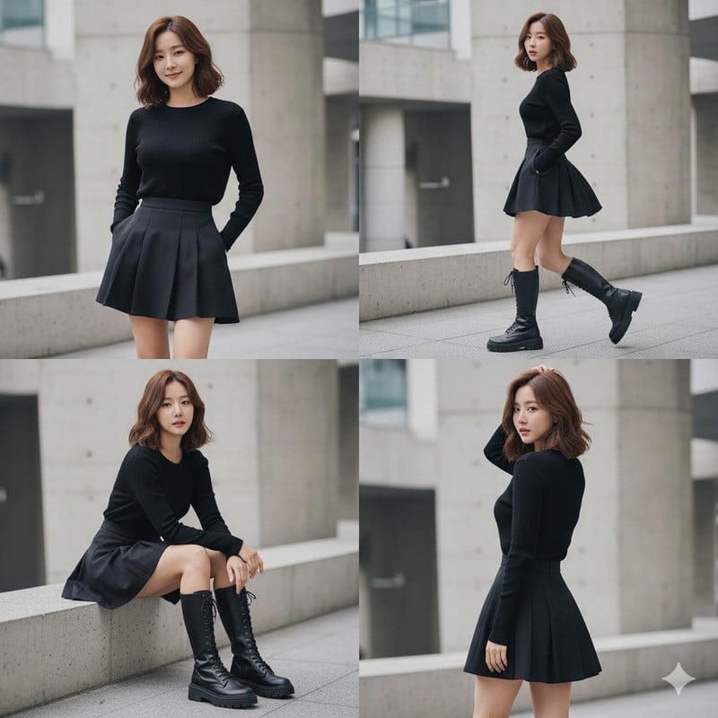 Boot đen lửng và chân váy ngắn