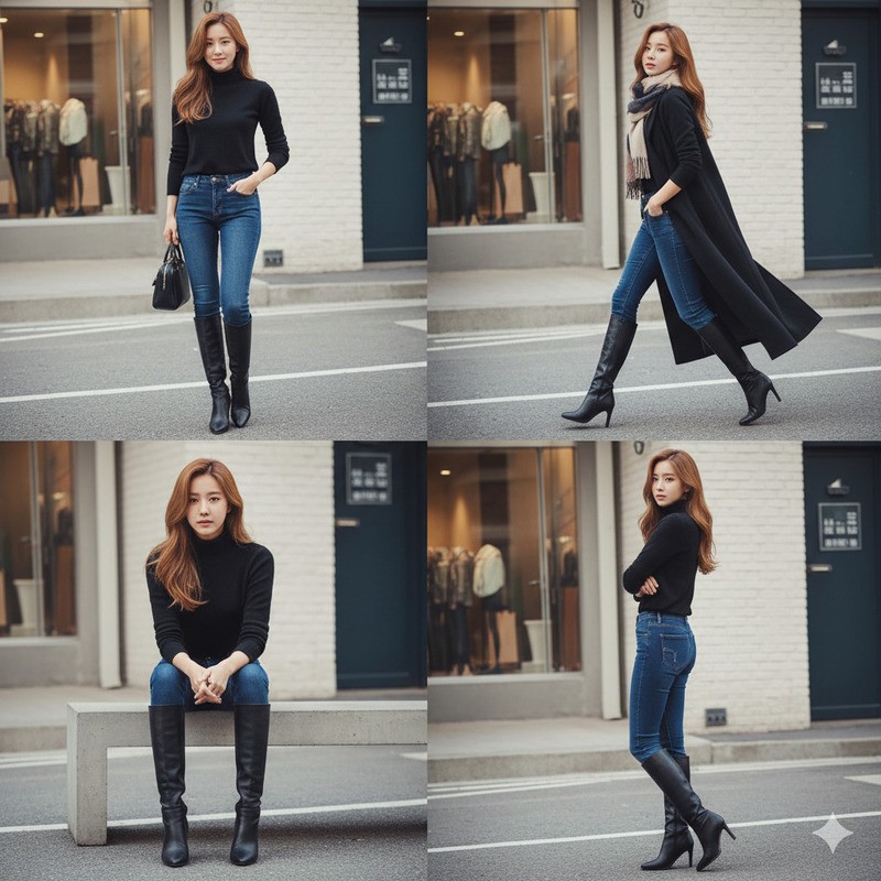 Boot đen cao cổ và áo cổ lọ, quần jeans dài