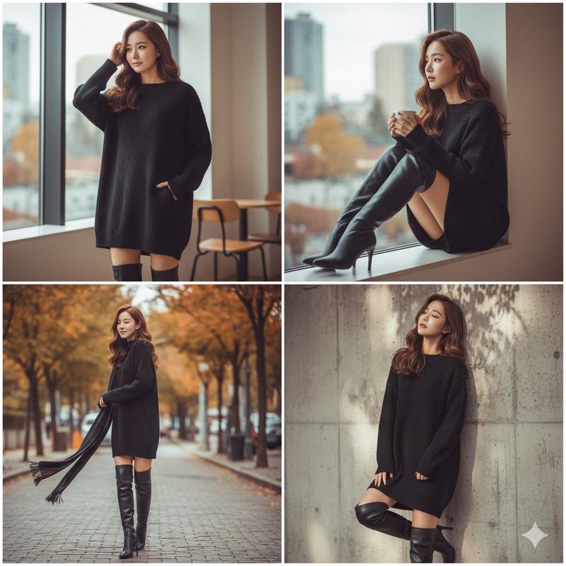 Boot đen cao cổ và áo len dáng dài