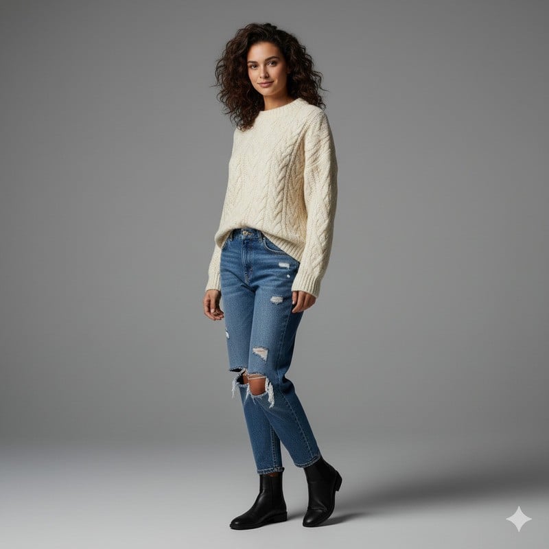 Boot đen cổ thấp và quần jeans ống loe, áo len