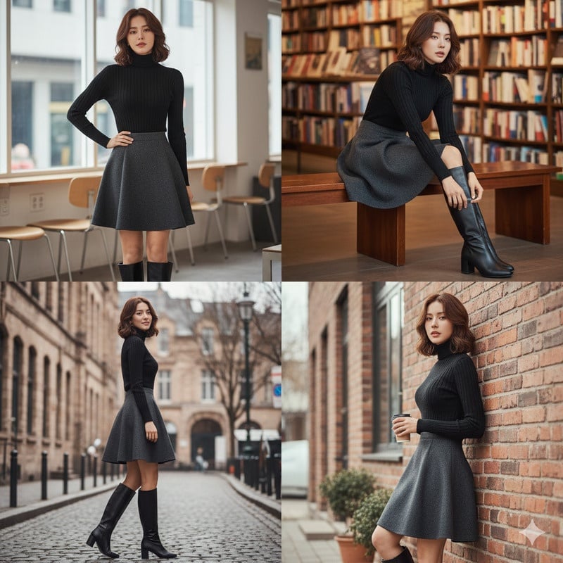 Boot đen cao cổ và chân váy dạ
