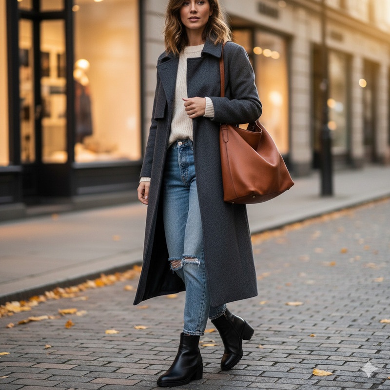 Boot đen cổ thấp và áo dạ dài, quần jeans