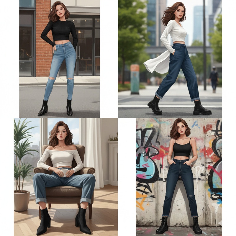 Boot đen cổ thấp và quần jeans, áo croptop