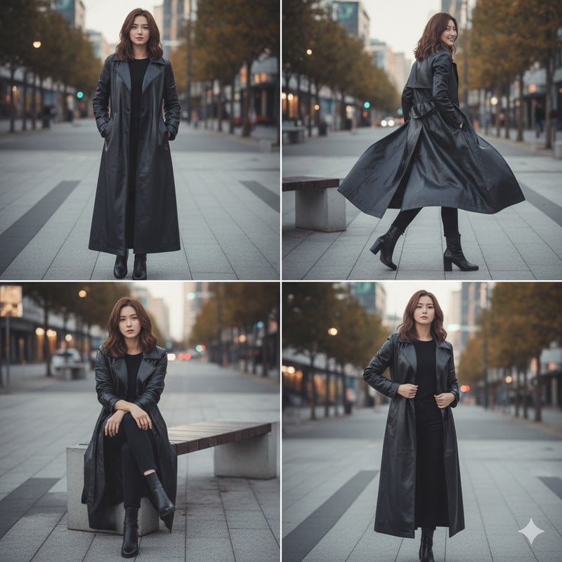 Boot đen và áo da dáng dài