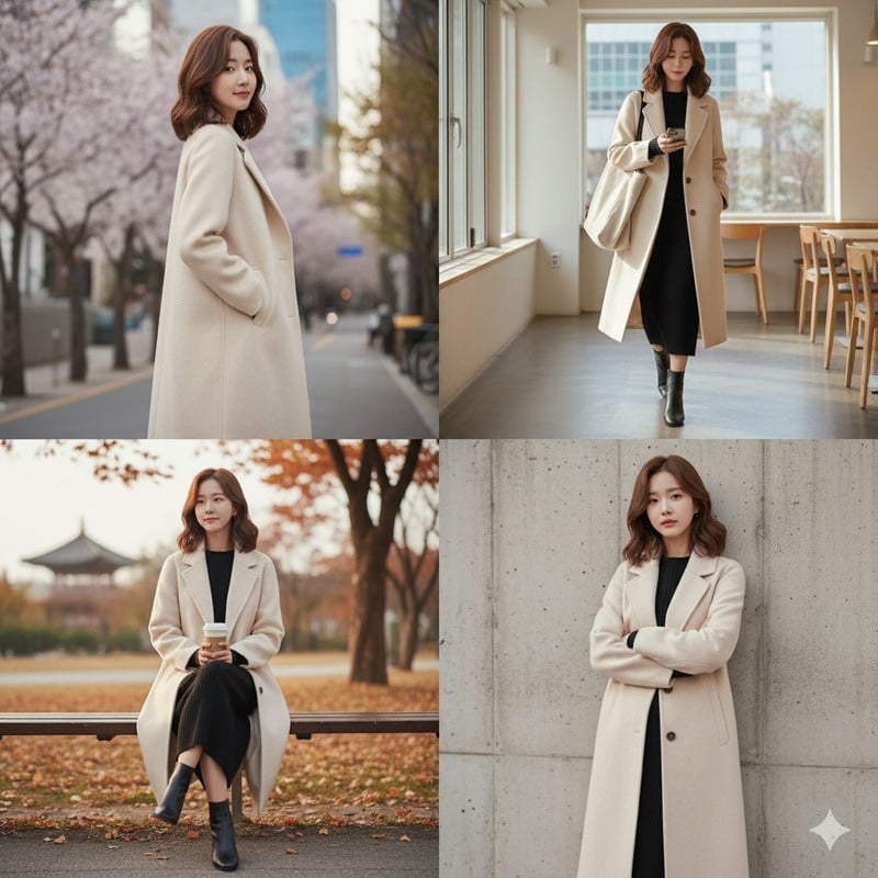 Boot đen lửng và áo dạ dài, váy liền thân