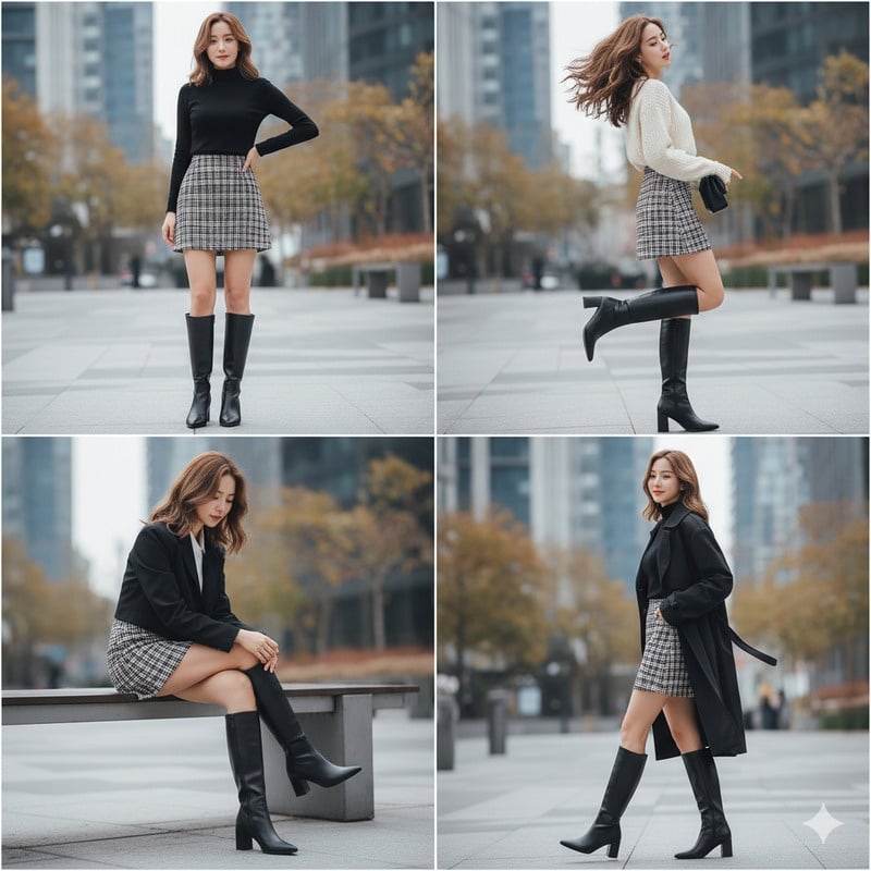 Boot đen cao cổ và chân váy kẻ caro
