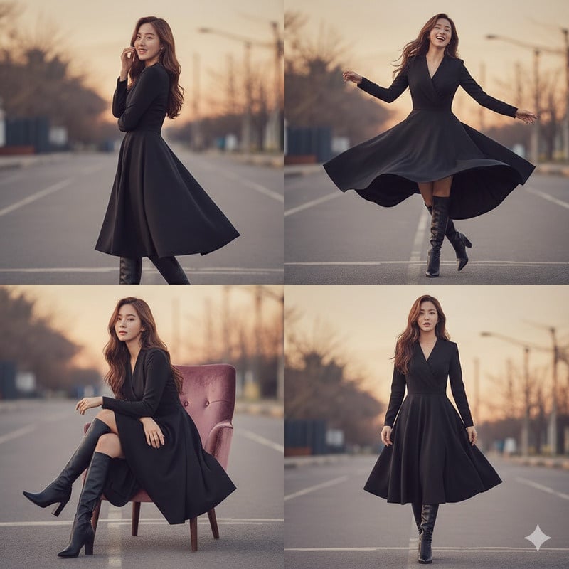 Boot đen cao cổ và đầm xòe