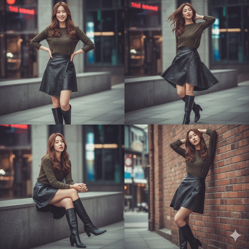 Boot đen cao cổ và chân váy đắp tà