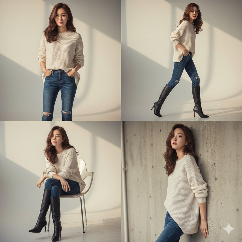 Boot đen cao cổ và quần jeans, áo len