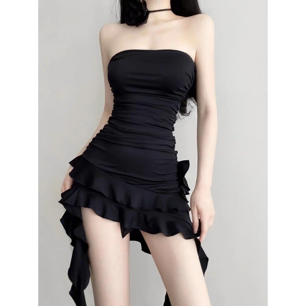 Đầm quây ngực màu đen vải thun co giãn đuôi cá bèo nhún