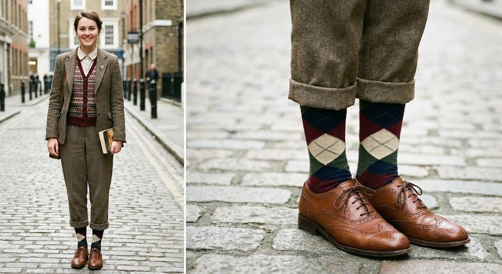 Giày Oxford và tất họa tiết Argyle