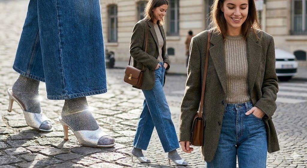 Giày Mule hở gót và tất kim tuyến