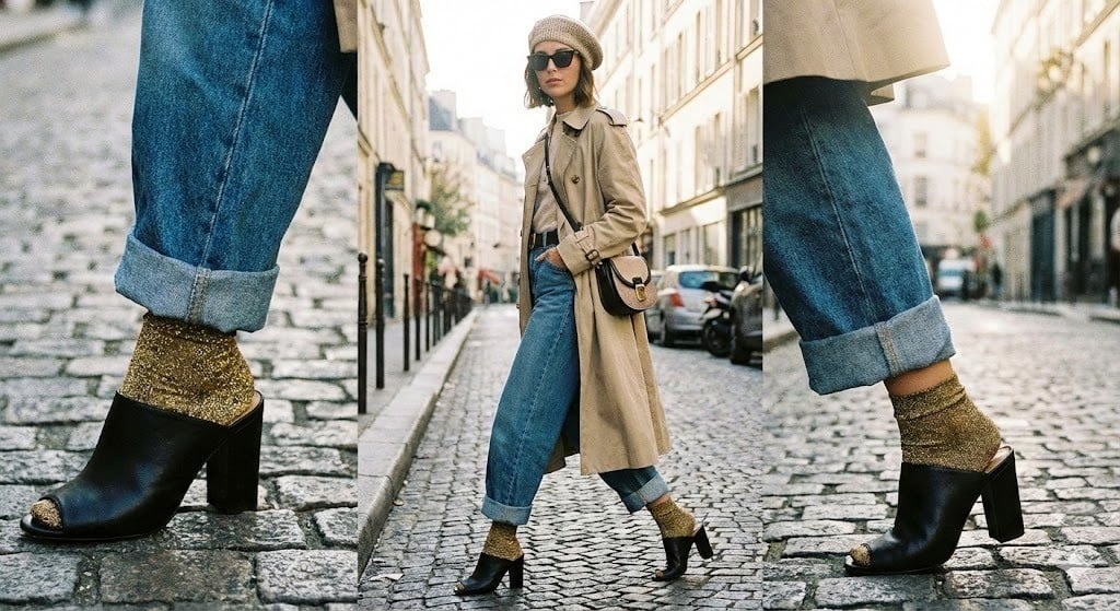 Giày Mule hở gót và tất kim tuyến