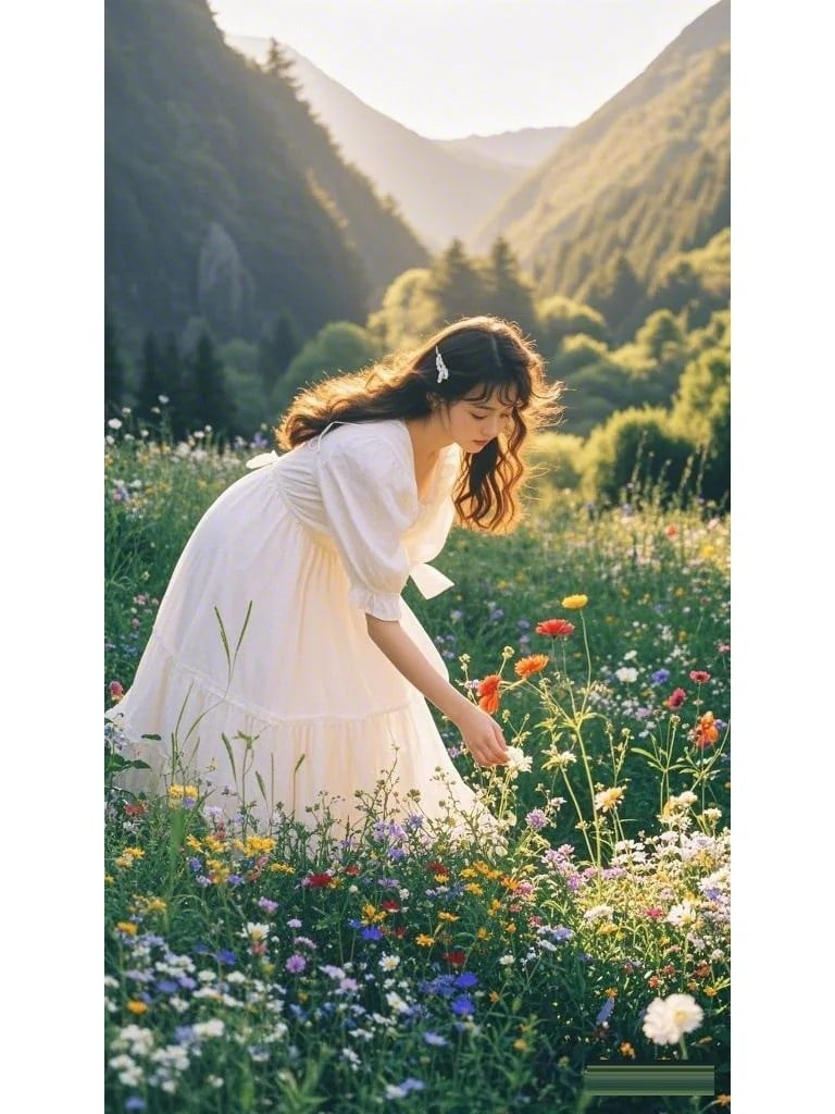 Cúi người nhặt hoa