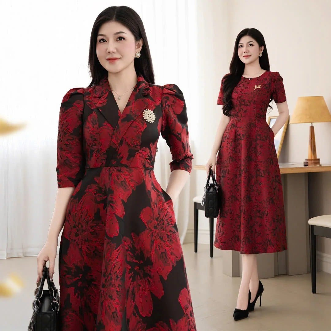 Đầm xòe vải gấm hoa màu đỏ đen thiết kế cổ bẻ tay bồng quý phái