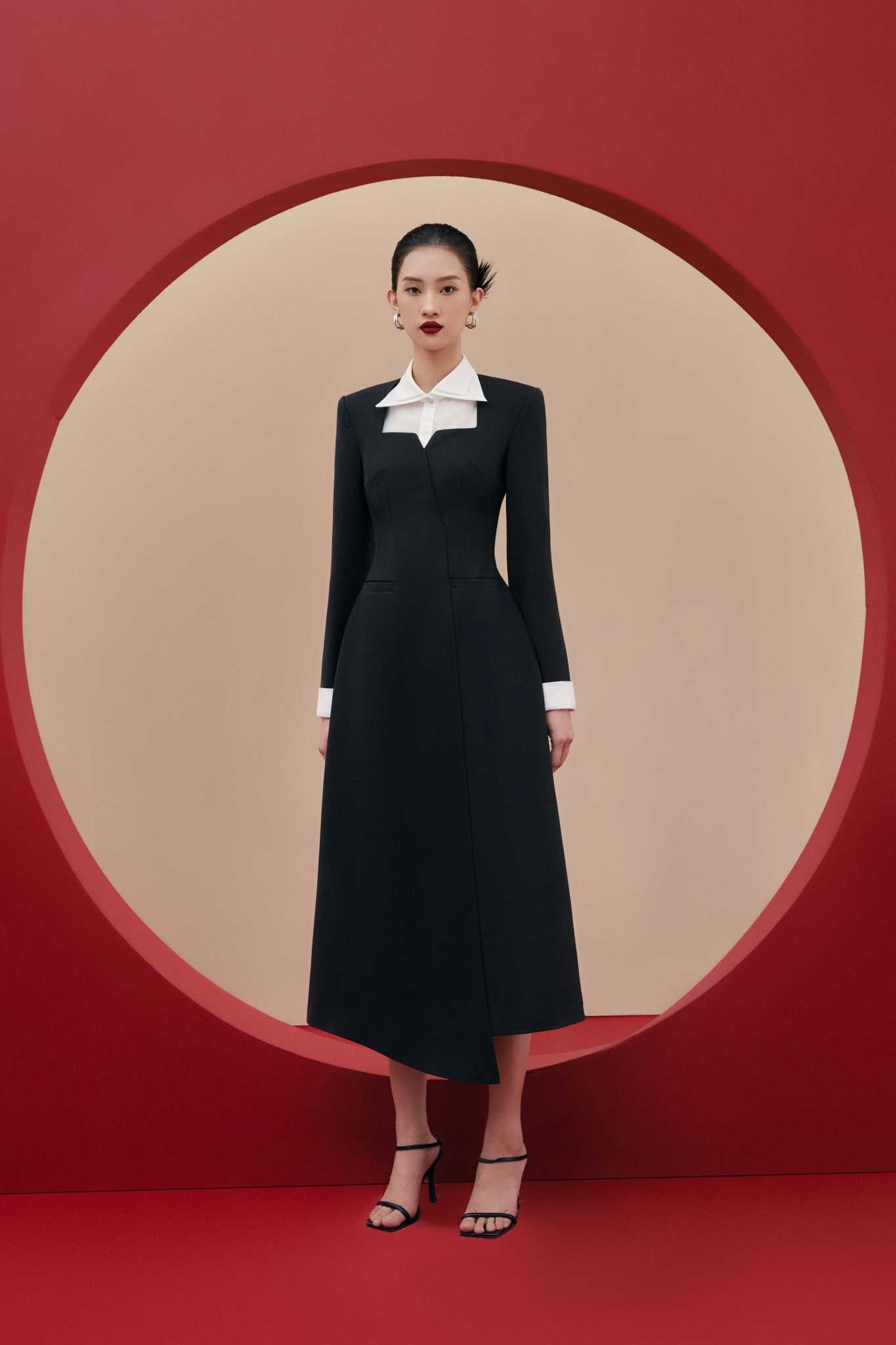 Đầm vest dài tay cổ sơ mi trắng