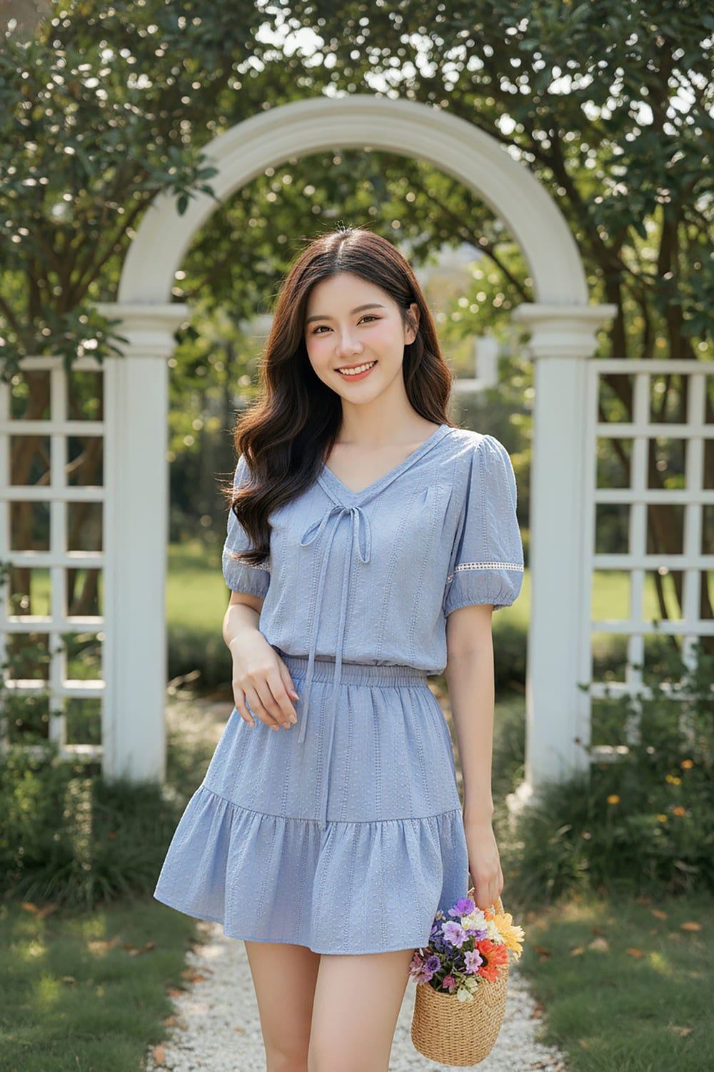 Đầm xanh pastel cổ thắt nơ dịu dàng