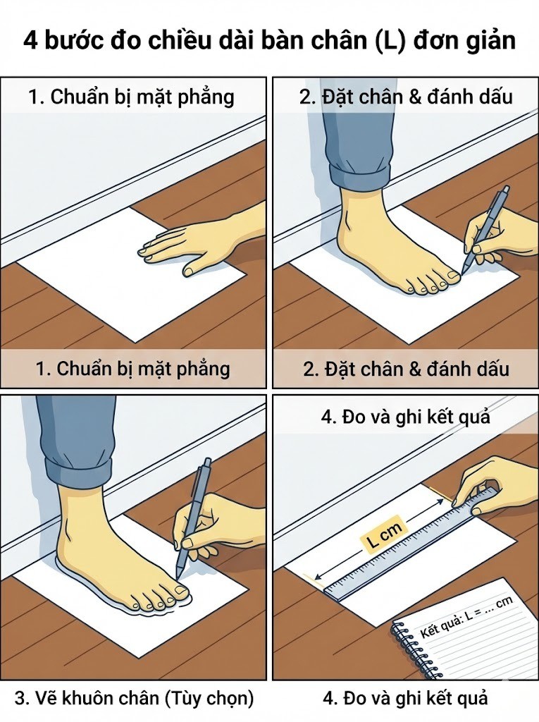 4 bước đo chiều dài bàn chân (L) đơn giản