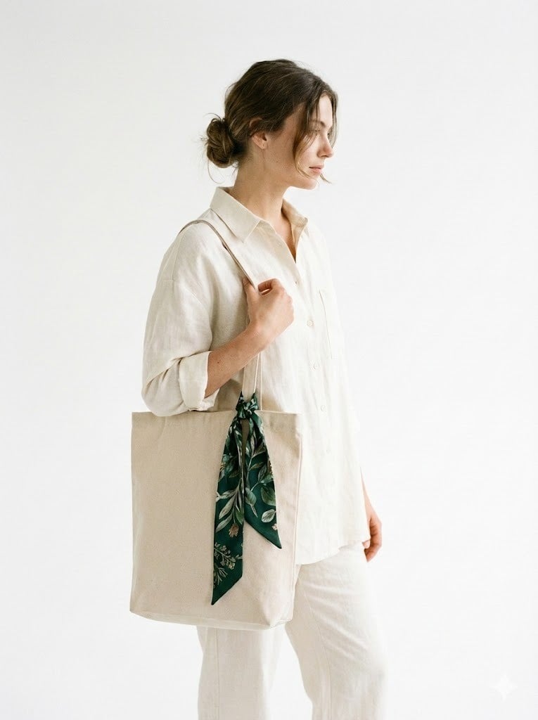 Túi Tote vải Canvas + Trang phục Linen + Khăn Twilly buộc quai một bên