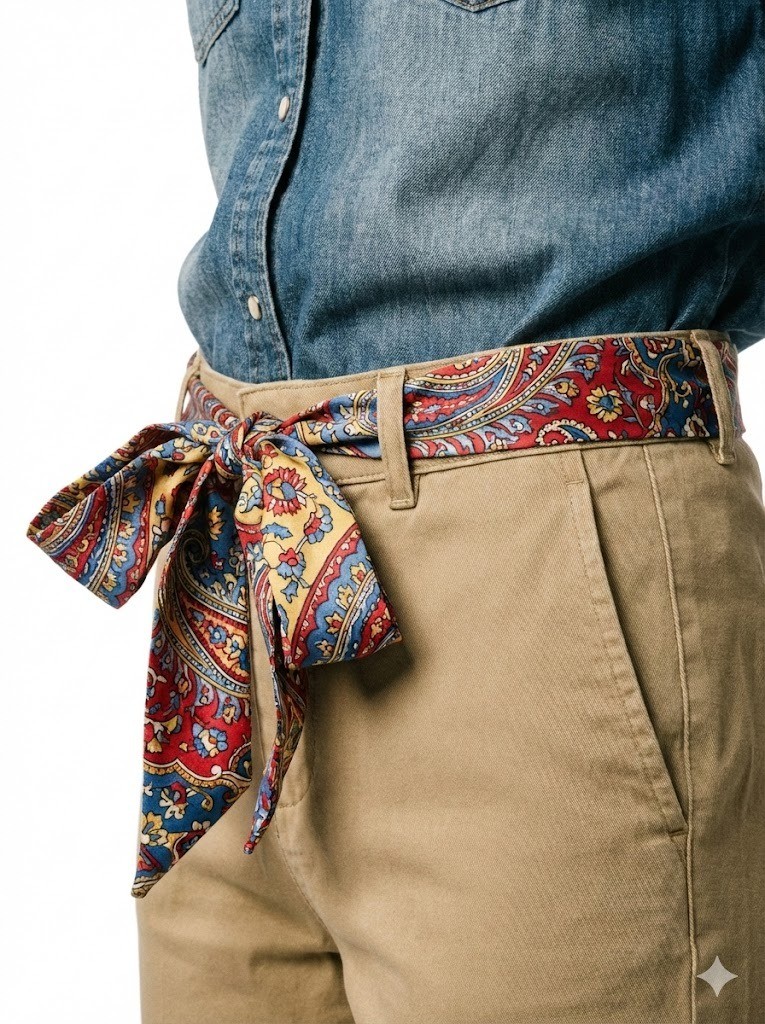 Áo sơ mi Denim + Quần Kaki + Khăn Twilly thắt đỉa quần