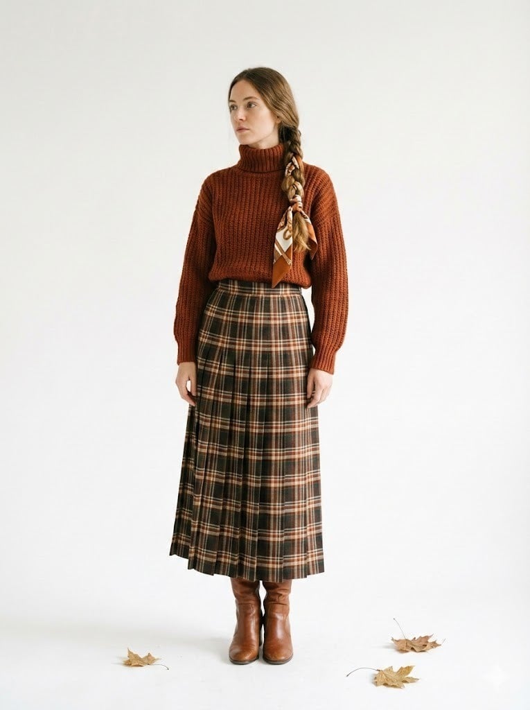 Áo len cổ lọ + Chân váy dài + Khăn Twilly tết vào tóc bím