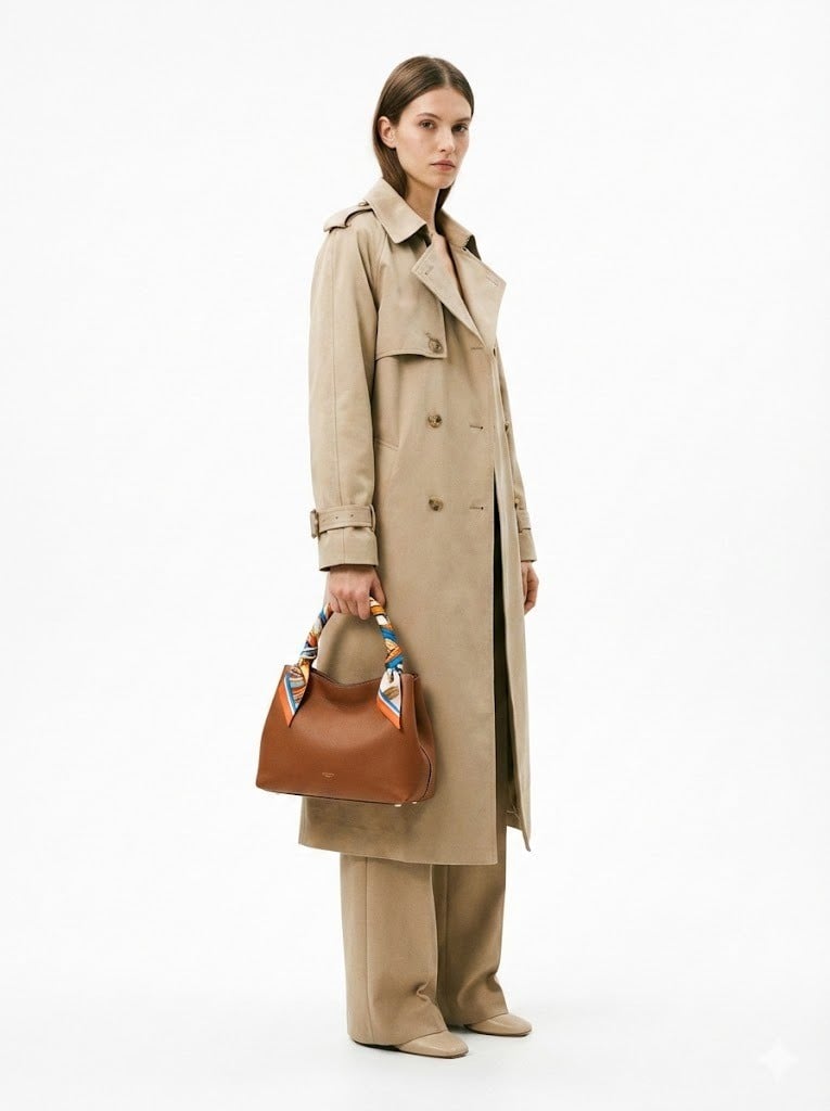 Áo khoác Trench Coat + Quần ống rộng + Khăn Twilly quấn quai túi xách
