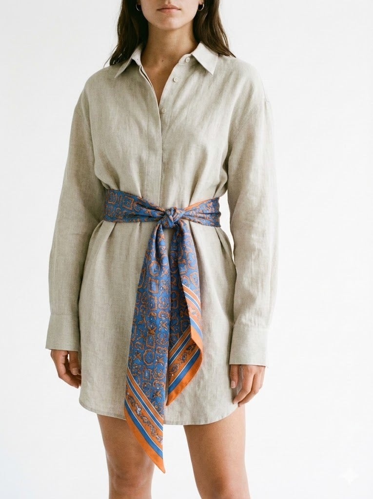 Váy sơ mi (Shirt Dress) + Khăn Twilly thắt thắt lưng